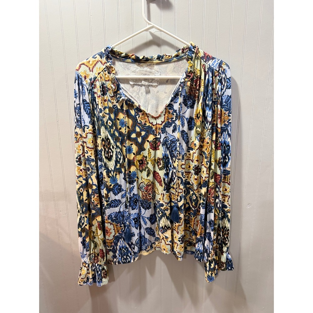 Cupio Womens Blue Mustard Paisley Floral Boho Split Neck Tassel Blouse Large